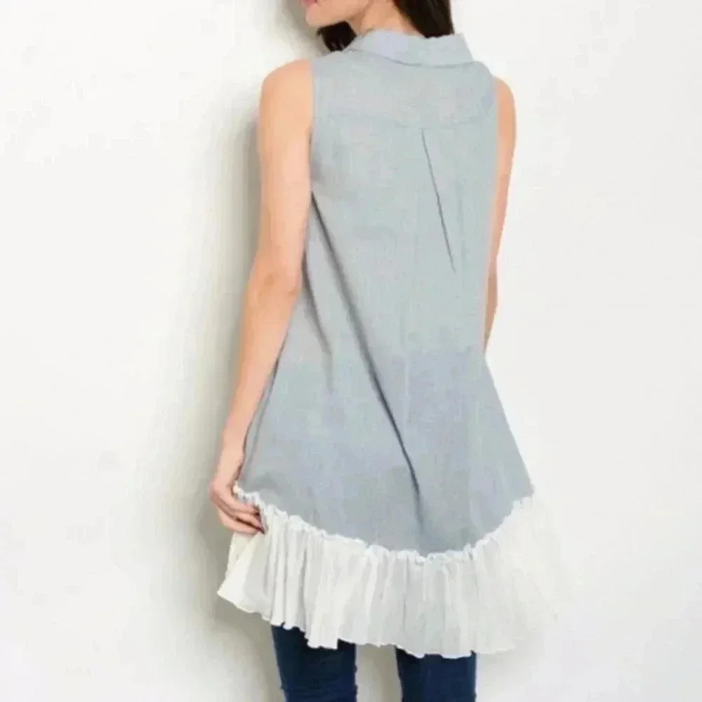 DUSTY BLUE TOP Cotton cute details - Picture 2 of 2